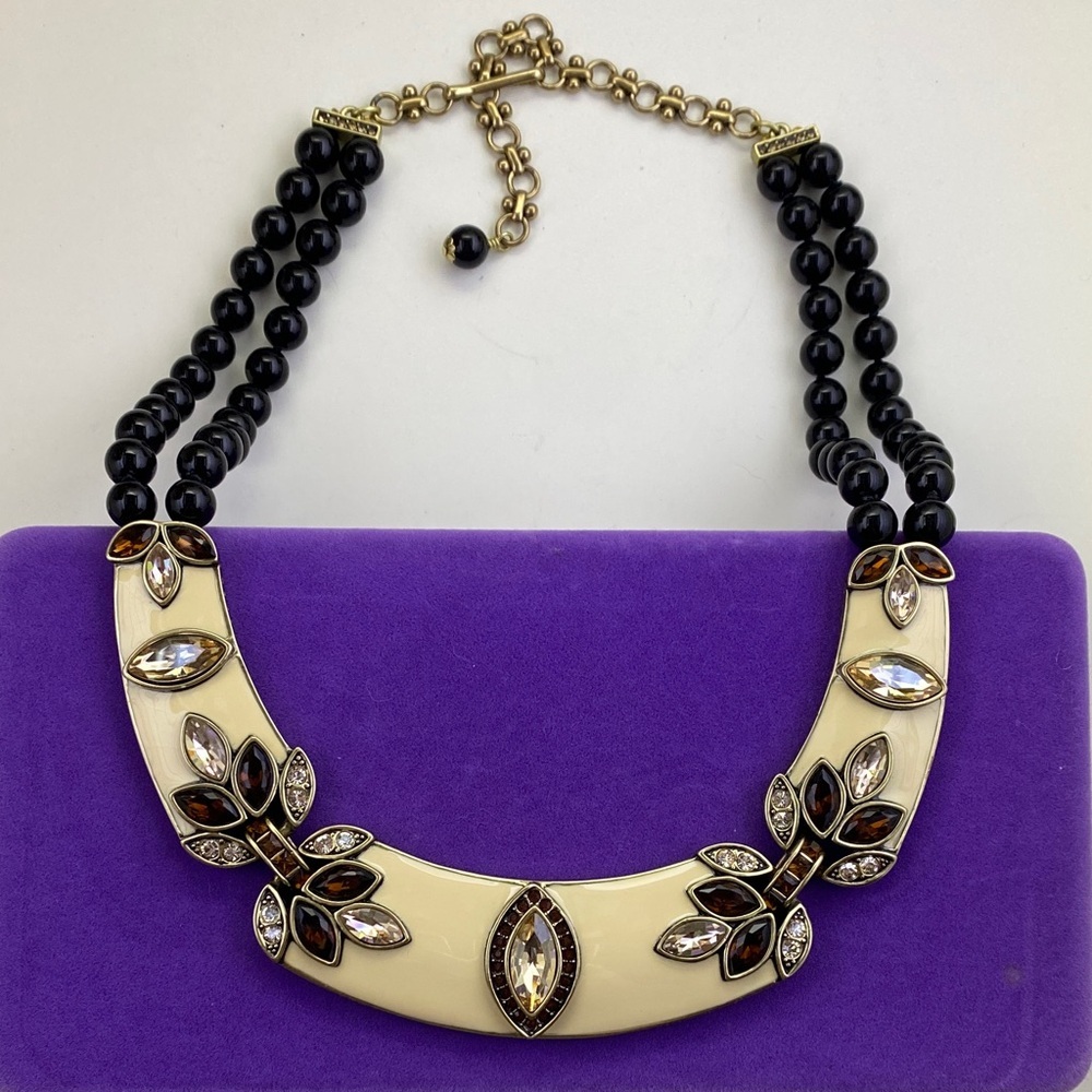 💛 Heidi Daus Black Onyx Beaded Statement Necklace | Cream Enamel Crystal | Glam